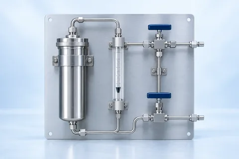 Illustration of a stainless-steel sample-conditioning panel with a filter housing, a variable-area flow indicator and two isolation valves